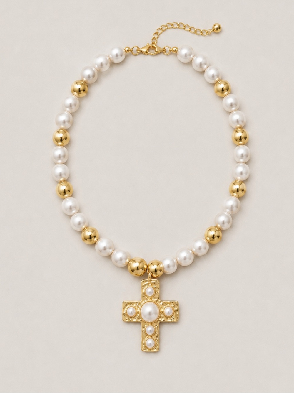 New! Gold Mix Beaded Pearl Cross Necklace NWOT